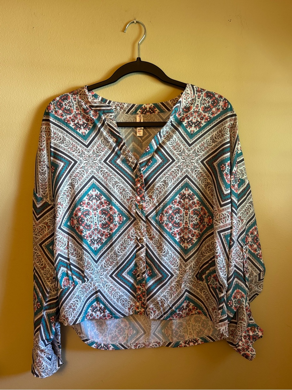 Geo-Printed V-Neck Long-Sleeve Blouse
